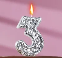 Свеча в торт «Блестки», цифра "3", серебро, 6.5х4 5572707 Серебро - фото