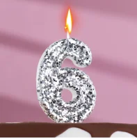 Свеча в торт «Блестки», цифра "6",серебро, 6.5х4 5572710 Серебро - фото