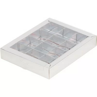 Коробка для конфет с пластиковой прозрачной крышкой 190*150*30мм серебро, 5 шт Серебро - фото