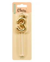 Свеча Цифра, 3 Корона, на шпажке, Золото, Металлик, 3,5*5,5 + 6,5 см, 1 шт. с держат., арт 803073 Золотой - фото