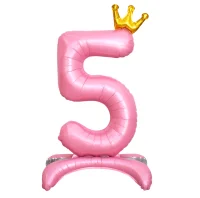 Шар фольга Falali (32''/81 см) Цифра, 5 Золотая корона, на подставке, Розовый, 1 шт.в уп.(надув воздухом) Розовый - фото