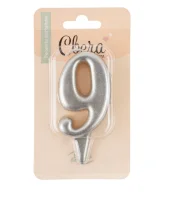 Свеча Цифра, 9 Овал, Серебро, Металлик, 7 см, 1 шт., арт 1565 Серебро - фото