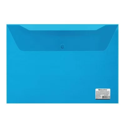 Папка-конверт с кнопкой BRAUBERG A4. 150 мм, до 100 листов, прозрачная  синяя 221637 Синий - фото