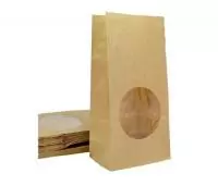 Пакет бумажный 100*60*200мм двухслойный коричневый с дном и круглым окном, 100 шт Коричневый - фото