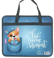 Папка детская с ручками А4 пласт. с рисунком на молнии, Корги в кармане, арт. 41966 Синий - фото