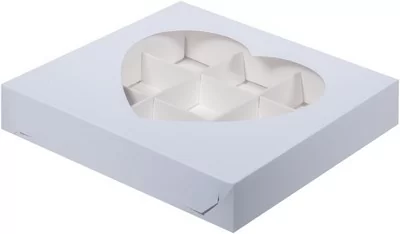 Коробка для конфет с окошком "сердце" 155*155*30мм белая (9 конфет), 5 шт Белый - фото