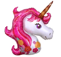 Шар с клапаном (15''/38 см) Мини-фигура, Голова, Цветочный Единорог, Розовый, 1 шт.  - фото