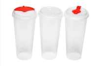 Комплект Стакан 650мл ПП Д90 (1022П) + Крышка для стакана ПП Д90 (3003К/ПК) с заглуш проз/крас, 5шт Прозрачный - фото