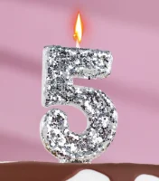 Свеча в торт «Блестки», цифра "5", серебро, 6.5х4 5572709 Серебро - фото