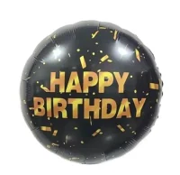 Шар фольгированный(2) (18''/46 см) Круг, Happy Birthday (золотое конфетти), Черный, 1 шт.  - фото
