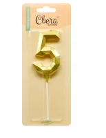 Свеча Цифра, 5 Объемные грани, на шпажке, Золото, Металлик, 4,5*7 + 7 см, 1 шт. с держат., 803065  - фото