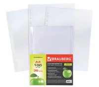 Папки-файлы перфорированные А4 BRAUBERG, КОМПЛЕКТ 100 шт., гладкие, Яблоко, 35 мкм, 221710 Прозрачный - фото