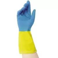 Перчатки Libry, латексные хозяйственные СВЕРХПРОЧНЫЕ БИКОЛОР,сине-желтые,L, KHBIC3BY (144) Libry  - фото