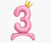 Шар фольга Falali (32''/81 см) Цифра, 3 Золотая корона, на подставке, Розовый, 1 шт.в уп.(надув воздухом) Розовый - фото