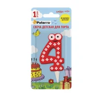 Свеча детская для торта, цифра 4, 1 шт. в упаковке, PATERRA, 401-525 (24) Красный - фото