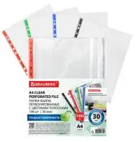 Папки-файлы перфор. с цветными полосками А4 BRAUBERG, КОМПЛЕКТ, гладкие, 30 мкм, 100шт, 271827 Прозрачный - фото