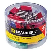 Зажимы для бумаг BRAUBERG 19мм на 60 листов цветные, 40 шт  - фото