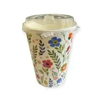 Комплект: Стакан бум. 350мл  д/горячего Полевые цветы D90 + Крышка д/стакана бум. PP D-90мм с питейником, прозрачная, глянцевая  - фото