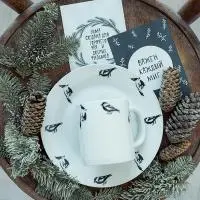 Набор посуды Birds (2 в 1: кружка+тарелка) (белый/черный)  - фото