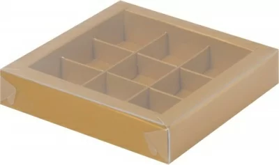 Коробка для конфет с пластиковой прозрачной крышкой 155*155*30мм золото (9 конфет), 5 шт Золотой - фото