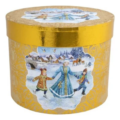 Подарочная коробка Зимние забавы картона плотностью 1100 г/м2,  с / 16*16*12,5см арт.78450 Желтый - фото