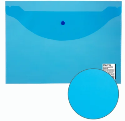 Папка-конверт с кнопкой STAFF А4 до 100 л прозрачная синяя 0,15 мм, 270470 Синий - фото