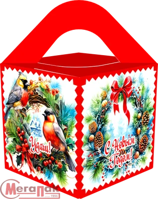 Новог.коробка  "Кубик большой новый "Еловый венок" до 700гр Разноцветный - фото