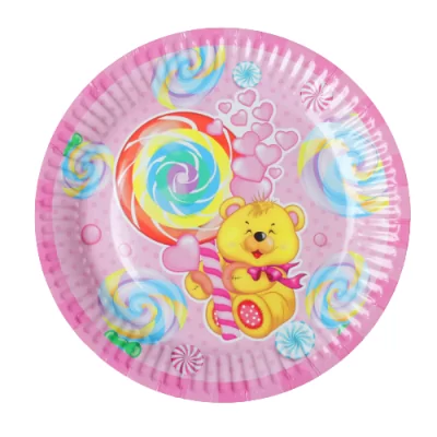 Тарелка бумажная "Мишка и сладости" розовая, 6 шт Розовый - фото