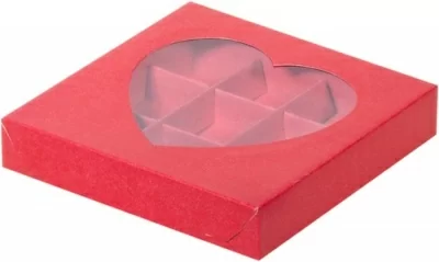 Коробка для конфет с вклеенным окном "сердце" 155*155*30мм красная (9 конфет), 5 шт Красный - фото
