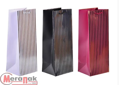 Пакет подар.бум.с руч 14*37*12 Люкс полоса с тисн. под бутылку, арт. L482  - фото