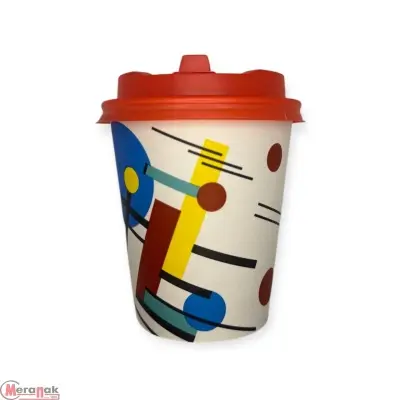 Комплект: Стакан бумажный 250мл для горячего Абстракция 1+ Крышка D80, красная открывающийся питейник, 5шт Разноцветный - фото