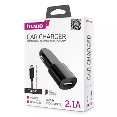 Автомобильное зарядное устройство USB 2.1A + Type-C кабель, OLMIO Черный - фото
