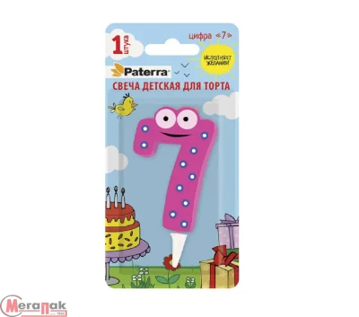 Свеча детская для торта, цифра 7, 1 шт. в упаковке, PATERRA, 401-528 (24) Розовый - фото