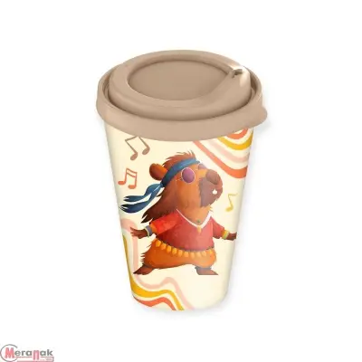 Стакан с крышкой 420мл с декором с клапаном "Капибары" (бежевый), 223107027/01 (24) Бежевый - фото
