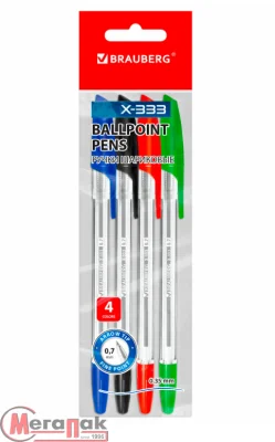 Ручка шариковая BRAUBERG X-333, НАБОР 4 ЦВЕТА, 0,35мм, 144252 Разноцветный - фото