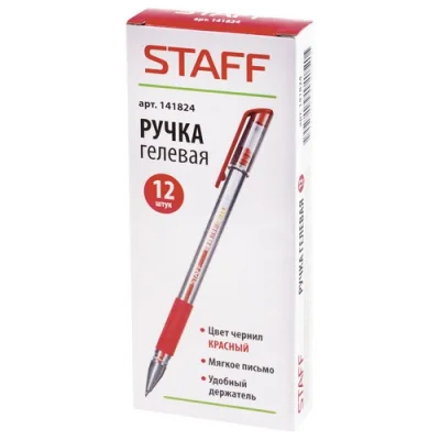 Ручки гелевые красные с грипом 141824 12шт STAFF Красный - фото
