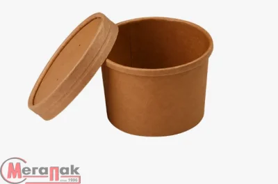 Комплект: Стакан картон д/супа 500мл крафт + Крышка д/стакана д/супа картон крафт d115 Коричневый - фото