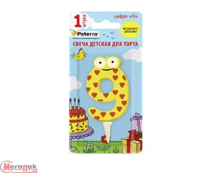 Свеча детская для торта, цифра 9, 1 шт. в упаковке, PATERRA, 401-530 (24) Желтый - фото