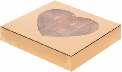 Коробка для конфет с вклеенным окном "сердце" 155*155*30мм золото (9 конфет), 5 шт Золотой - фото