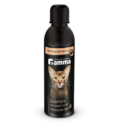 Шампунь для кошек и котят антипаразитарный с экстрактом трав 250мл, Gamma Черный - фото