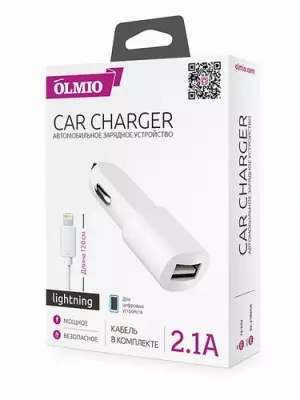 Автомобильное зарядное устройство USB 2.1A +lightning кабель, OLMIO Белый - фото