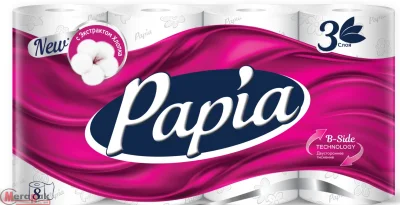 Туалетная бумага Папиа Белая 3сл 8рул целлюлоза Белый - фото
