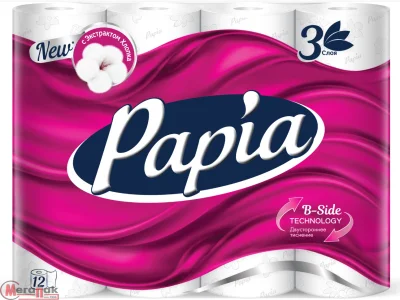 Туалетная бумага Папиа Белая 3сл 12рул целлюлоза Белый - фото