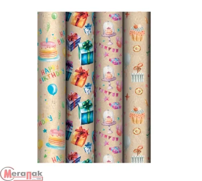 Бумага упаковочная крафт «Happy birthday», 70*100 см, 70г/м2, MESHU, ассорти, 4 дизайна, 372625 Коричневый - фото