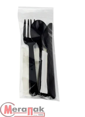 Набор столовых приборов черный №1  (вилка, ложка, нож, салф.бум) (100) Черный - фото