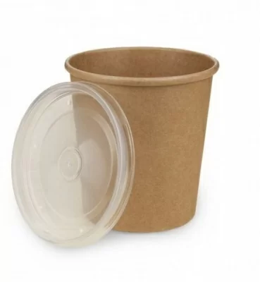 Стакан картонный для супа 470мл коричневый с прозрачной пластиковой крышкой ECO SOUP ECONOM, 25 шт Коричневый - фото
