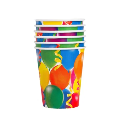Бумажные стаканы «Праздник», воздушные шары и серпантин, 250 мл, набор 6 шт. Разноцветный - фото