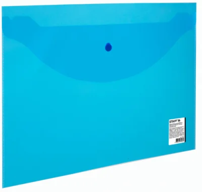 Папка-конверт с кнопкой STAFF А4 до 100 л прозрачная синяя 0,15 мм, 270470 Синий - фото