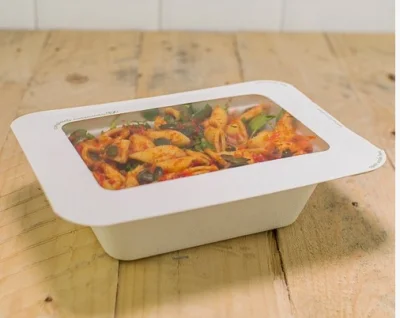 Комплект: Контейнер из сахарного тростника, с угловым отделением д/соуса,190*130*35 V3-GBCC + Крышка 190*130V3-GLW шт  - фото