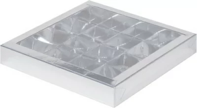 Коробка для конфет с пластиковой прозрачной крышкой 200*200*30мм серебро (16 конфет), 5 шт Серебро - фото